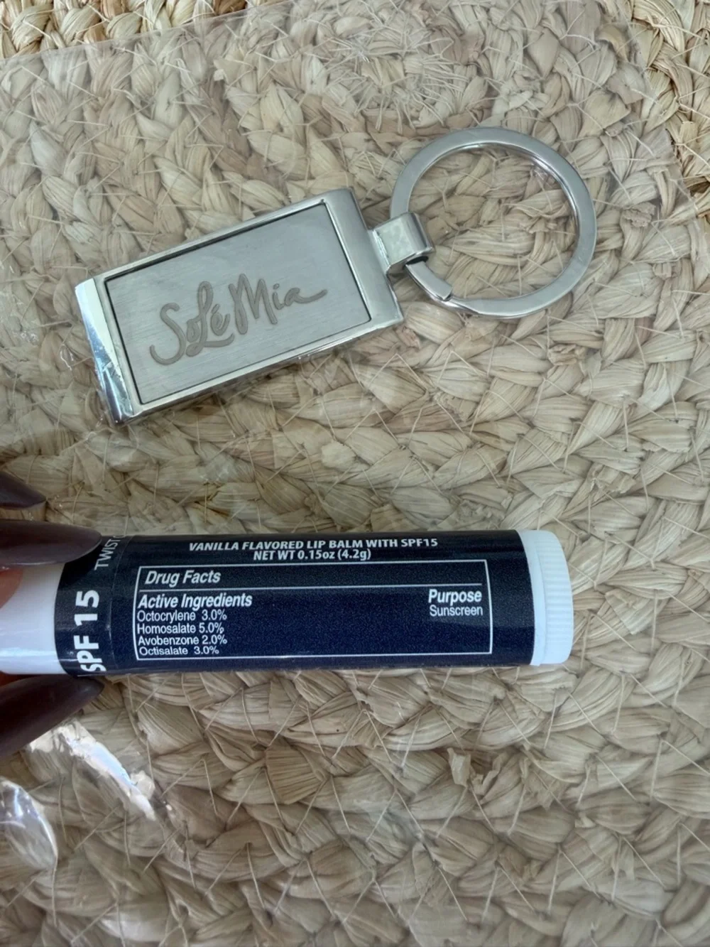 NEW Silver pleated Keychain & SPF 15 vanilla flavor Lip Balm Set